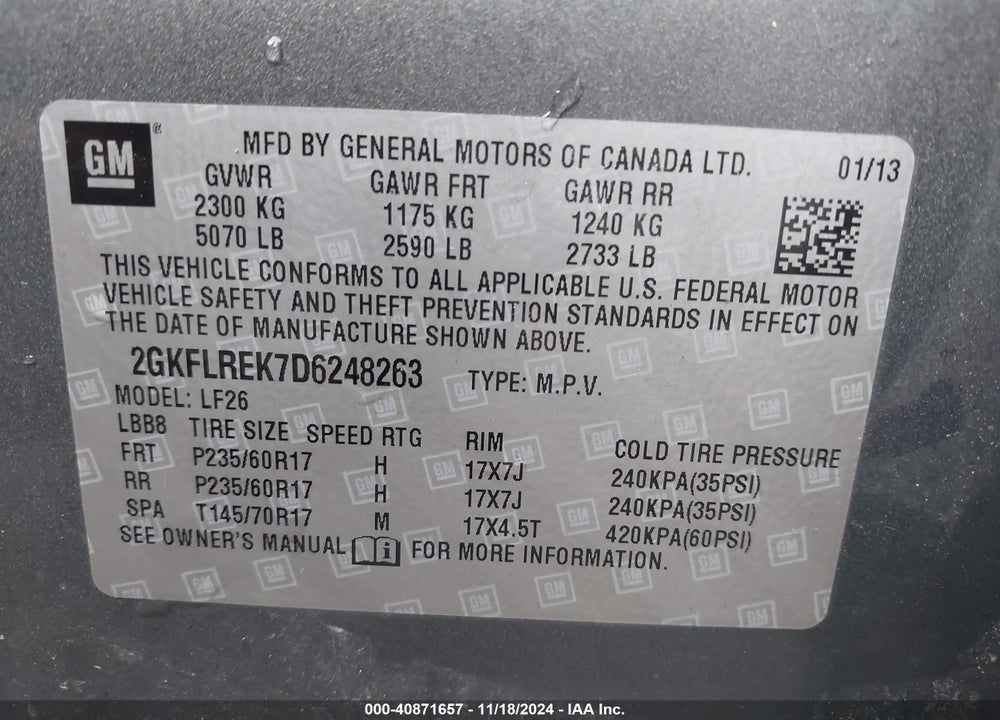 2013 GMC TERRAIN SLE-1 VIN: 2GKFLREK7D6248263