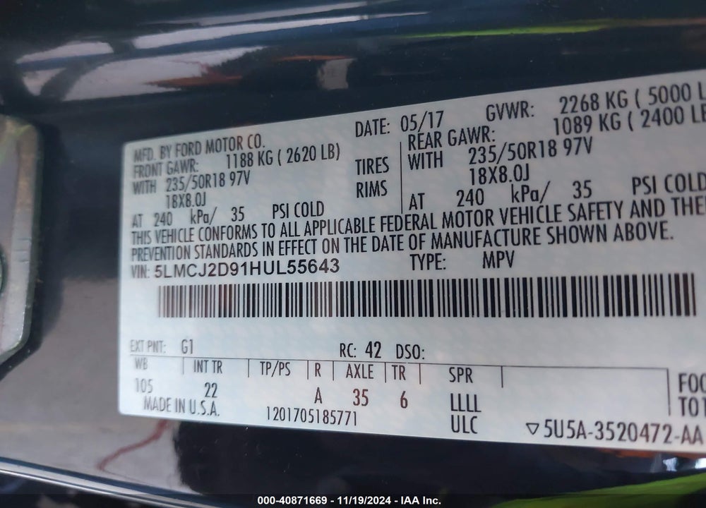 2017 LINCOLN MKC SELECT VIN: 5LMCJ2D91HUL55643