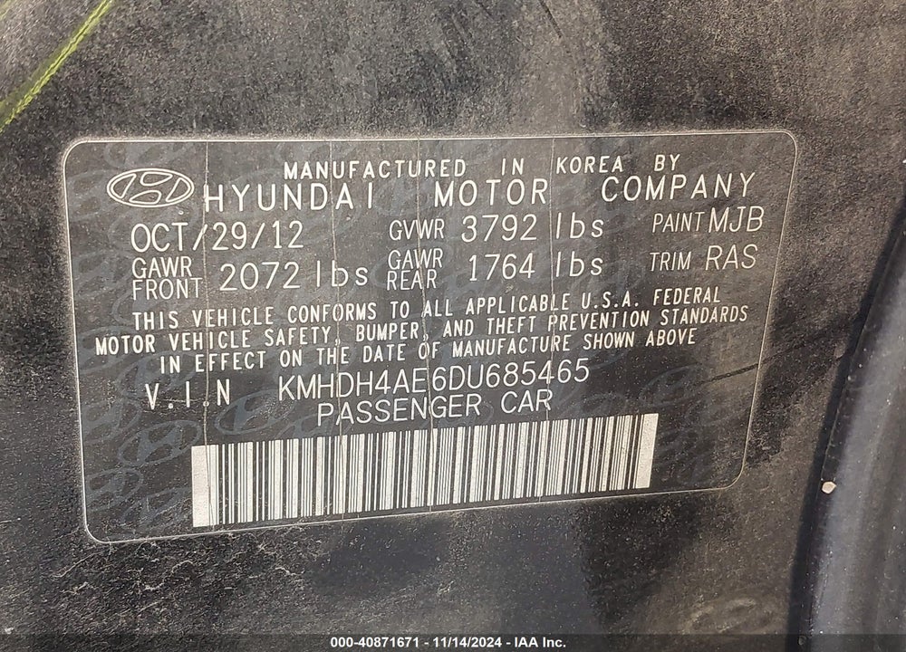 2013 HYUNDAI ELANTRA GLS VIN: KMHDH4AE6DU685465