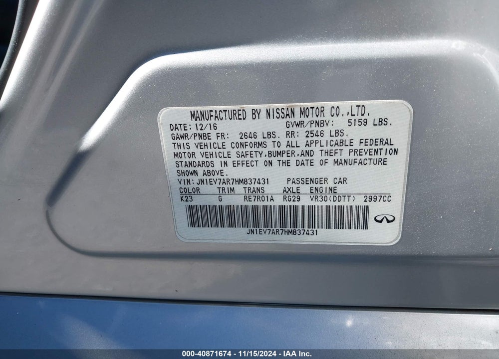 2017 INFINITI Q50 3.0T SIGNATURE EDITION VIN: JN1EV7AR7HM837431