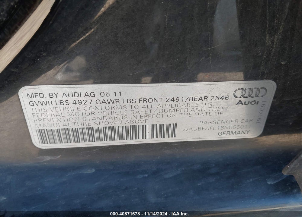 2011 AUDI A4 2.0T PREMIUM VIN: WAUBFAFL1BN055011