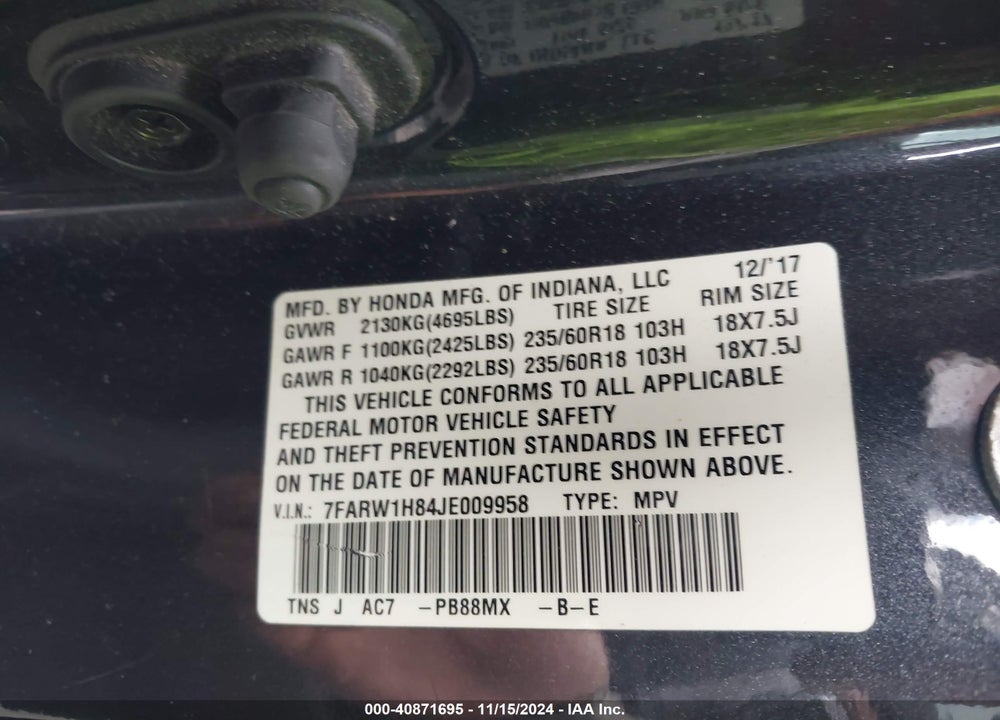 2018 HONDA CR-V EX-L/EX-L NAVI VIN: 7FARW1H84JE009958
