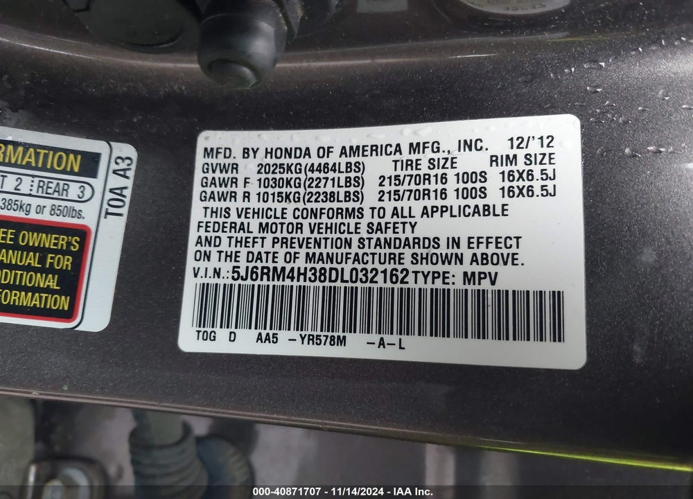 2013 HONDA CR-V LX VIN: 5J6RM4H38DL032162