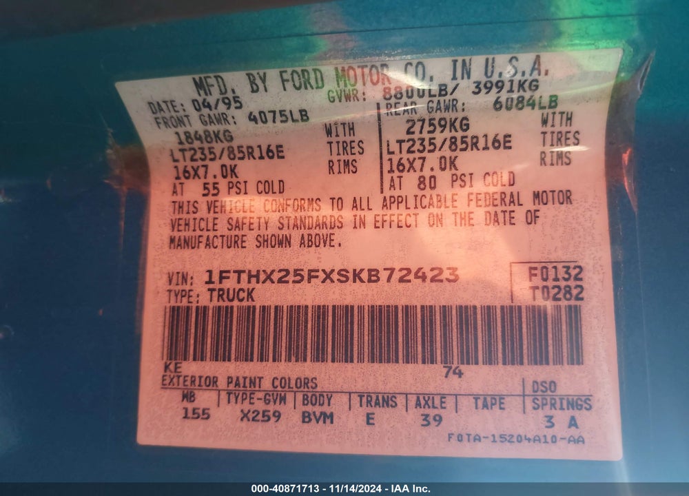 1995 FORD F250 VIN: 1FTHX25FXSKB72423