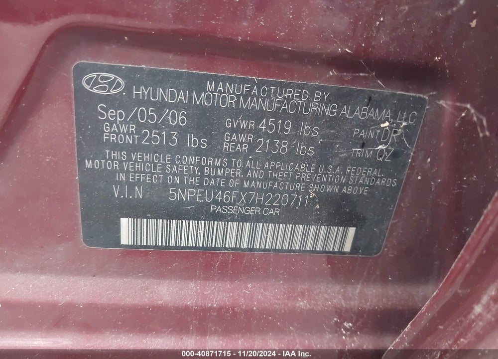 2007 HYUNDAI SONATA LIMITED/SE V6 VIN: 5NPEU46FX7H220711