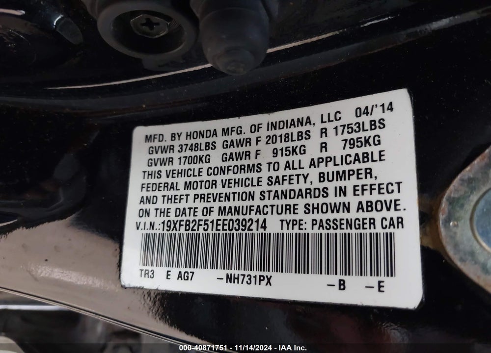 2014 HONDA CIVIC LX VIN: 19XFB2F51EE039214