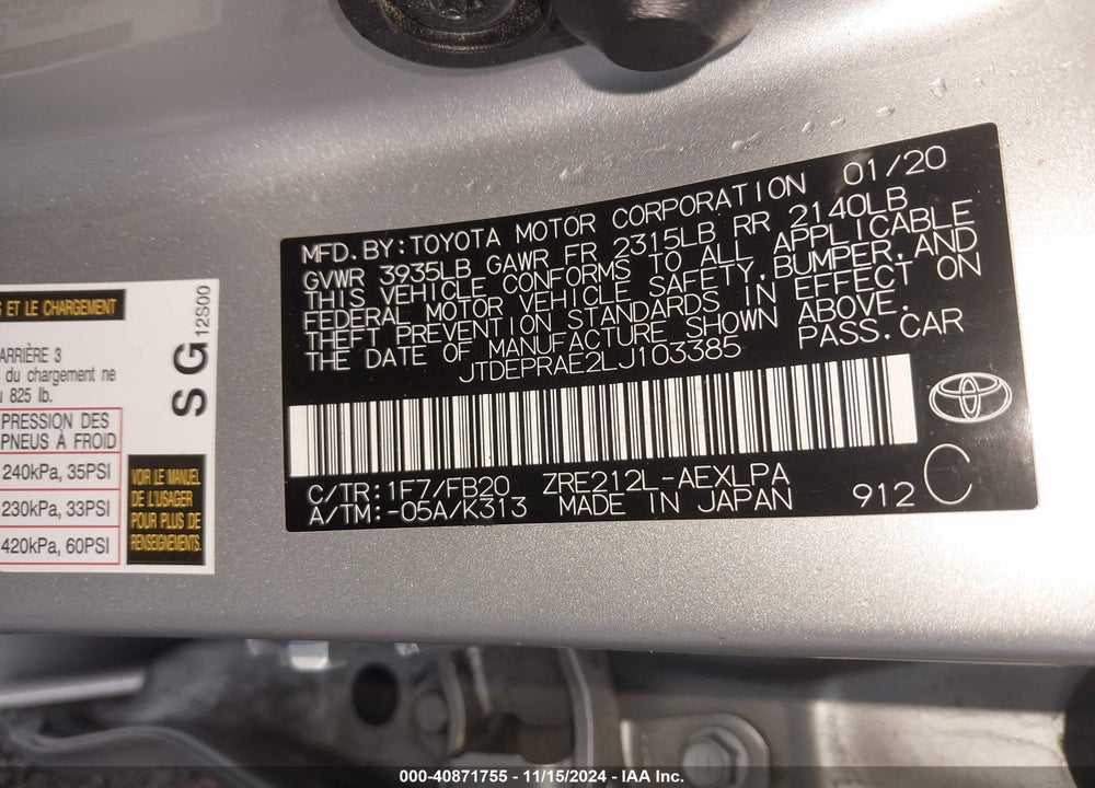 2020 TOYOTA COROLLA LE VIN: JTDEPRAE2LJ103385