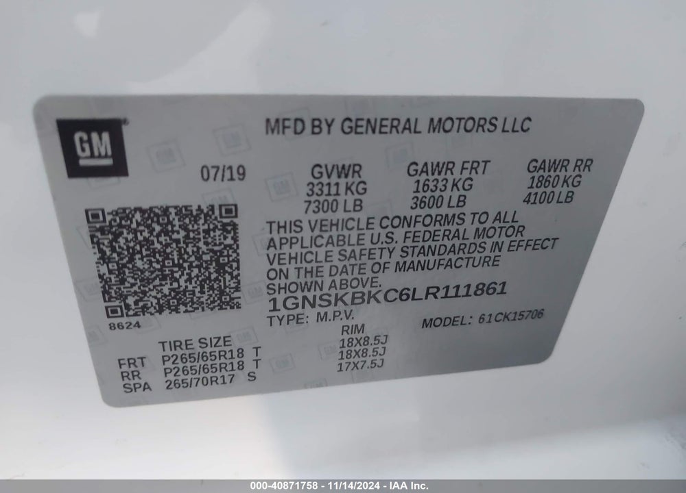 2020 CHEVROLET TAHOE K1500 LT VIN: 1GNSKBKC6LR111861