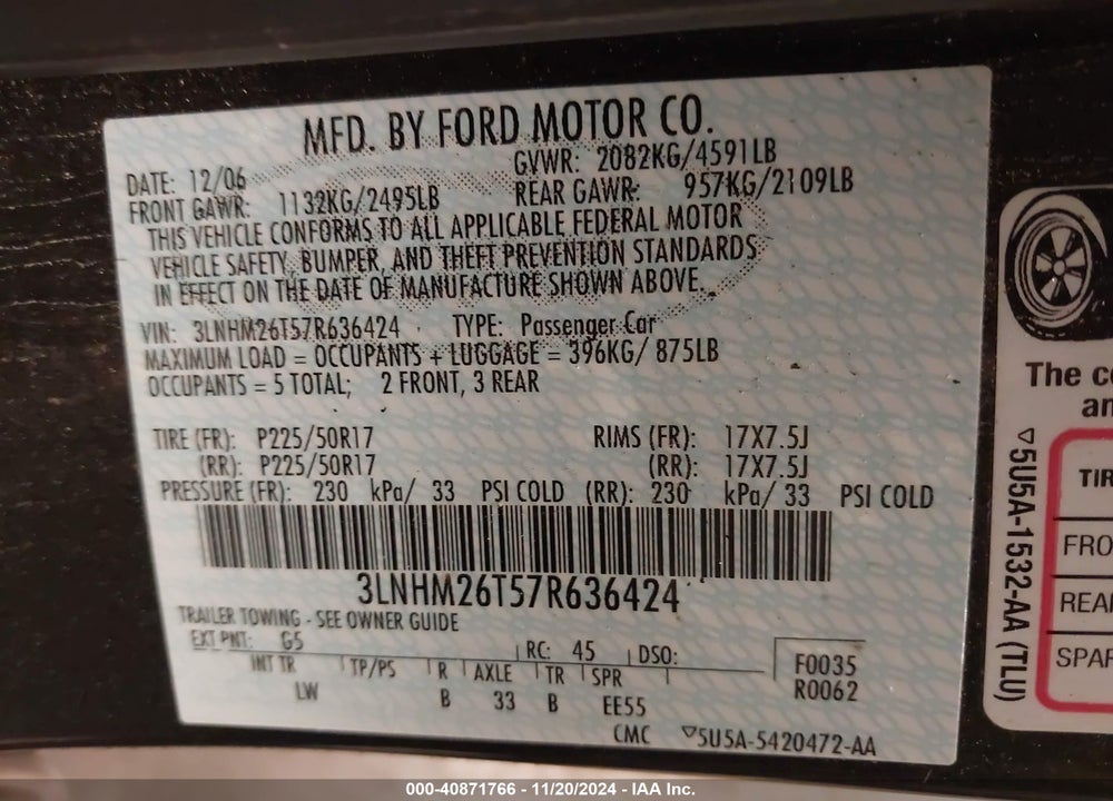 2007 LINCOLN MKZ VIN: 3LNHM26T57R636424
