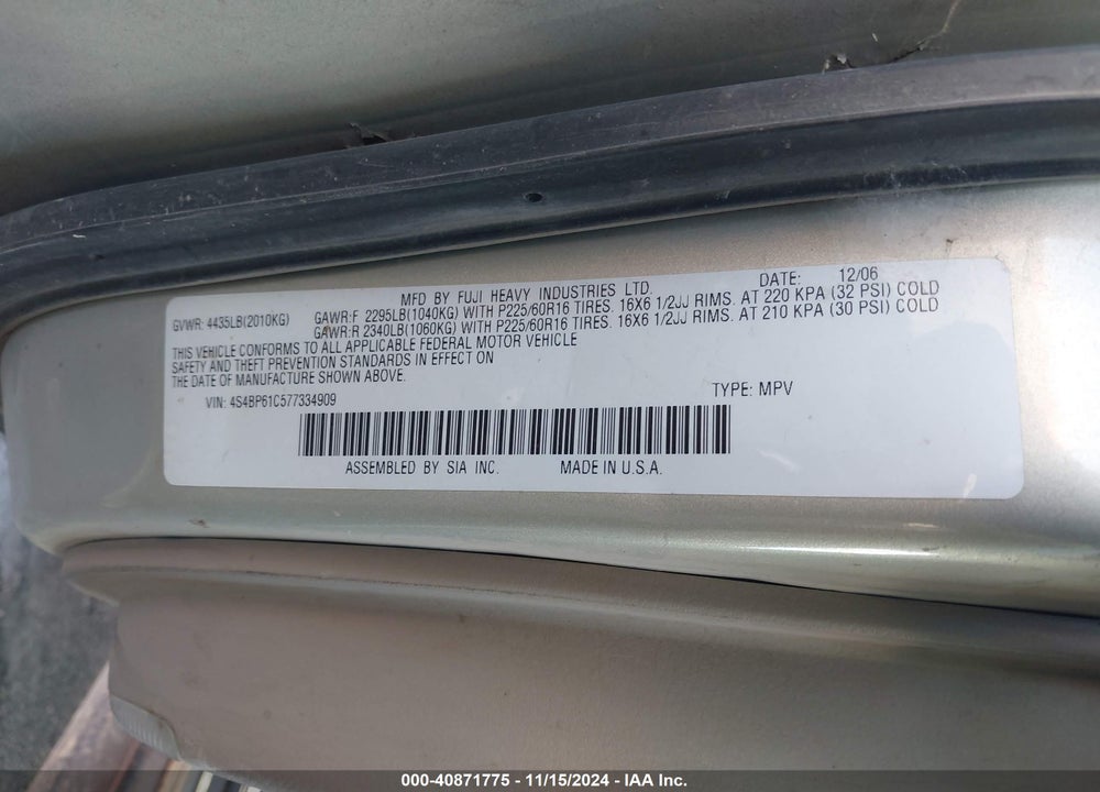 2007 SUBARU OUTBACK 2.5I BASIC VIN: 4S4BP61C577334909