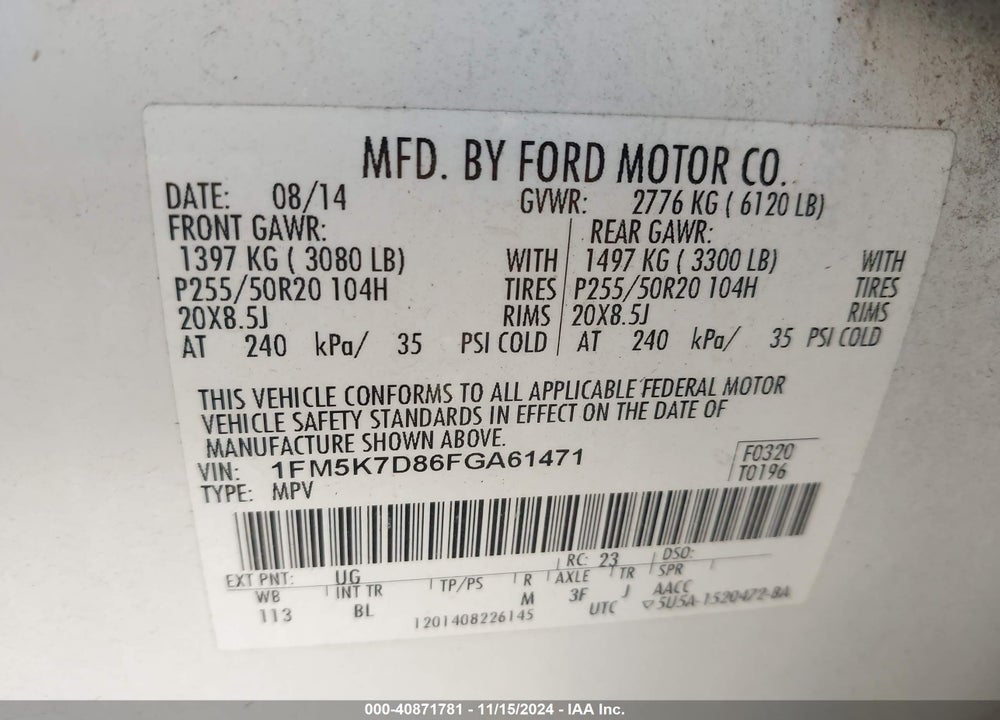 2015 FORD EXPLORER XLT VIN: 1FM5K7D86FGA61471