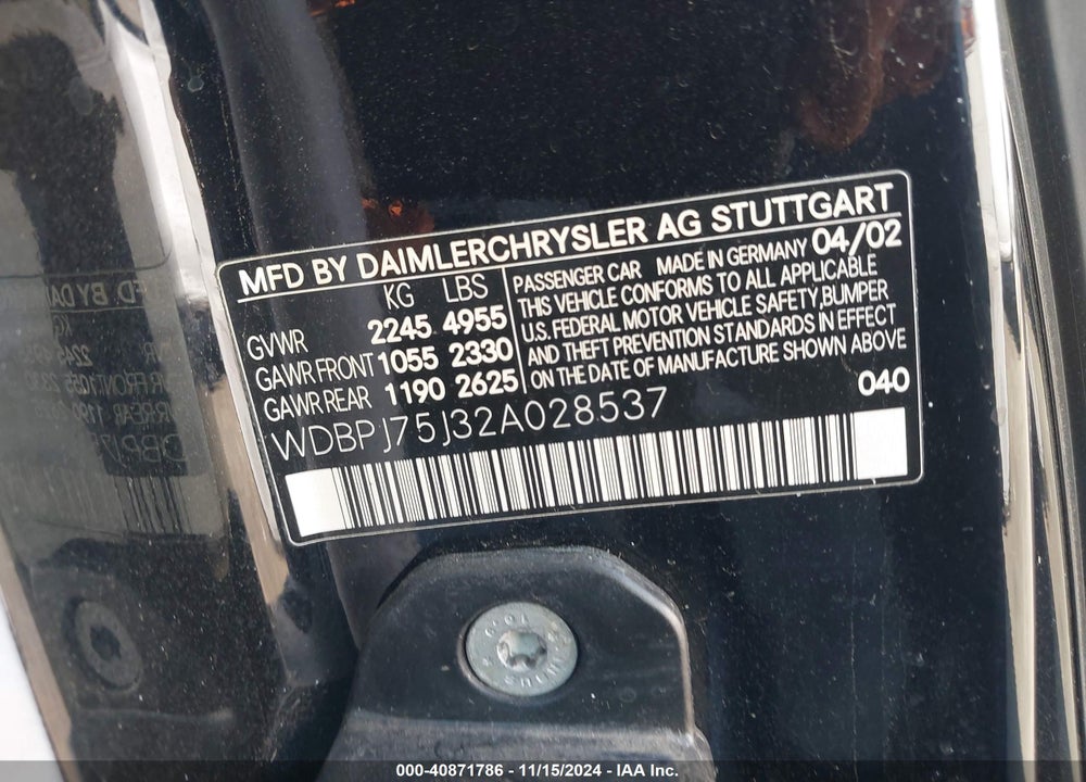 2002 MERCEDES-BENZ CL 500 VIN: WDBPJ75J32A028537