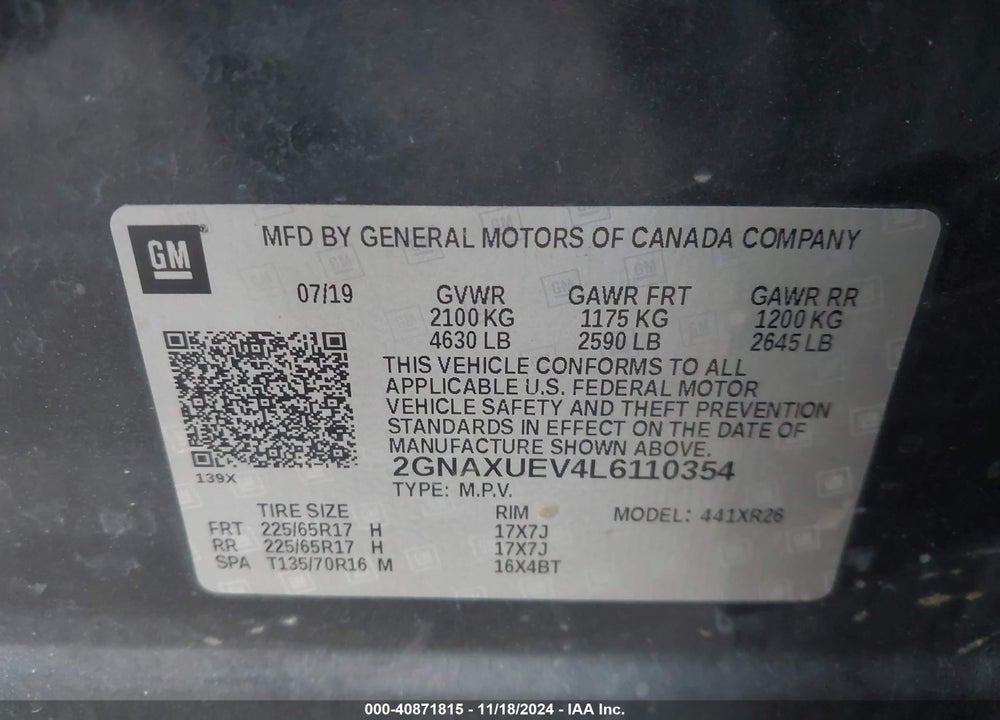 2020 CHEVROLET EQUINOX AWD LT 1.5L TURBO VIN: 2GNAXUEV4L6110354