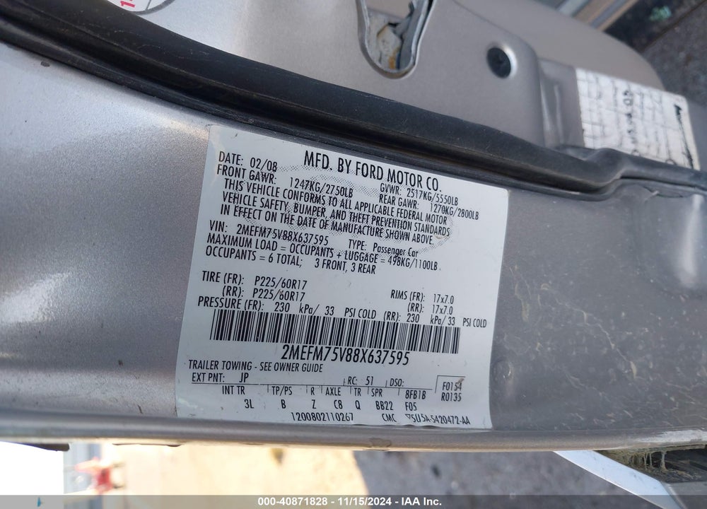 2008 MERCURY GRAND MARQUIS LS VIN: 2MEFM75V88X637595