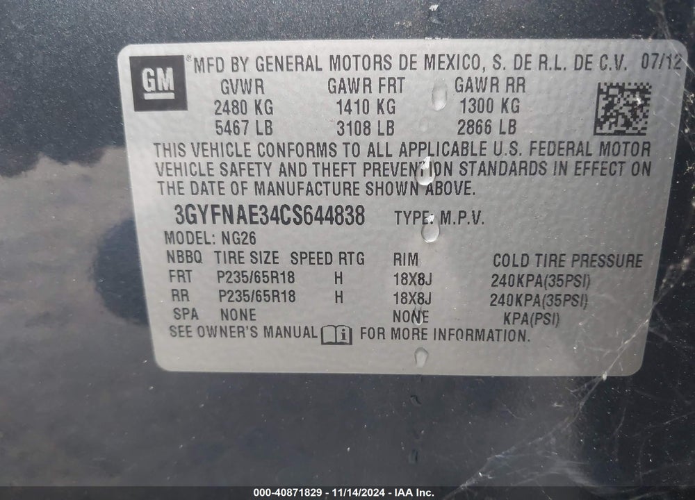 2012 CADILLAC SRX LUXURY COLLECTION VIN: 3GYFNAE34CS644838