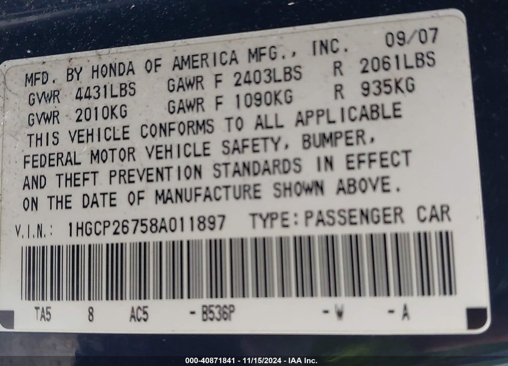 2008 HONDA ACCORD 2.4 EX VIN: 1HGCP26758A011897