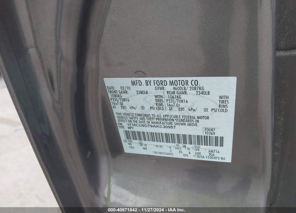 2010 FORD ESCAPE XLT VIN: 1FMCU9D79AKC30957