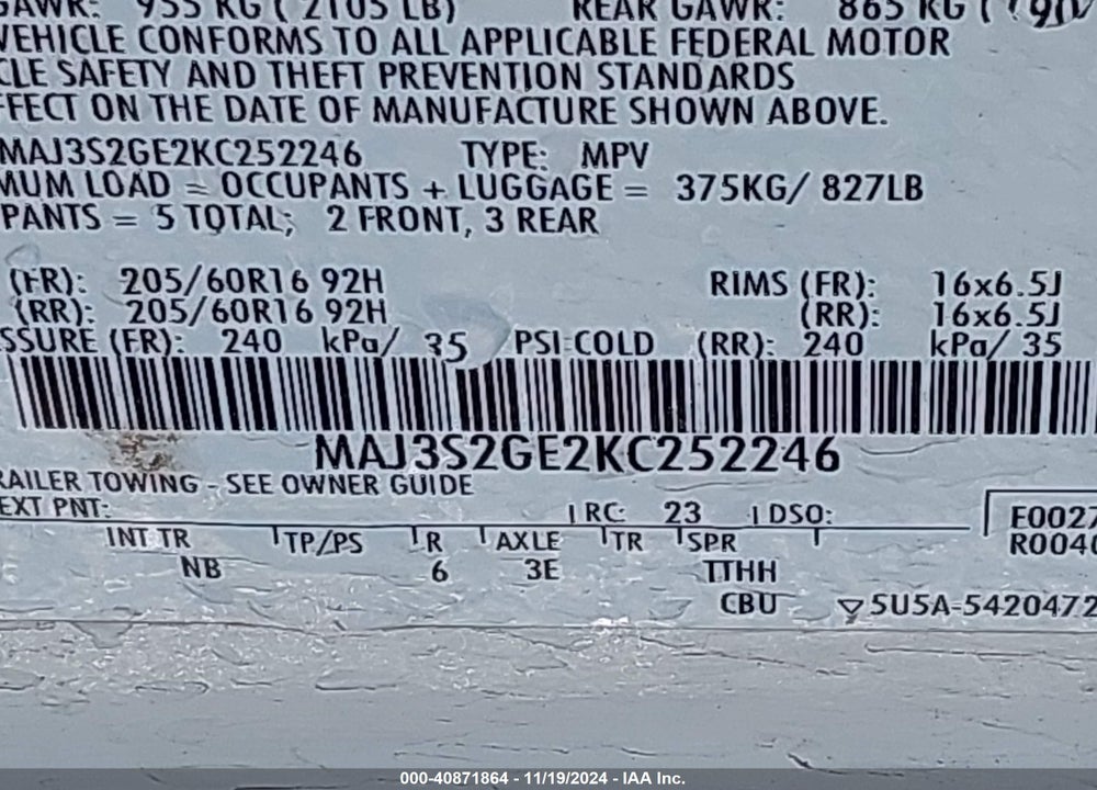 2019 FORD ECOSPORT VIN: MAJ3S2GE2KC252246