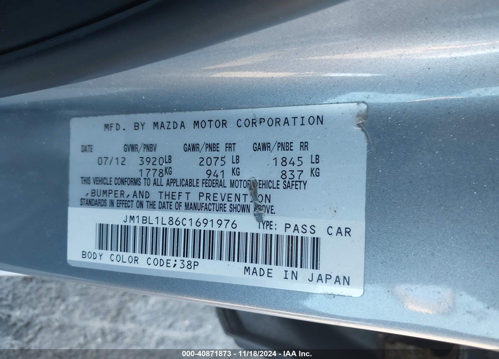 2012 MAZDA 3 I TOURING VIN: JM1BL1L86C1691976