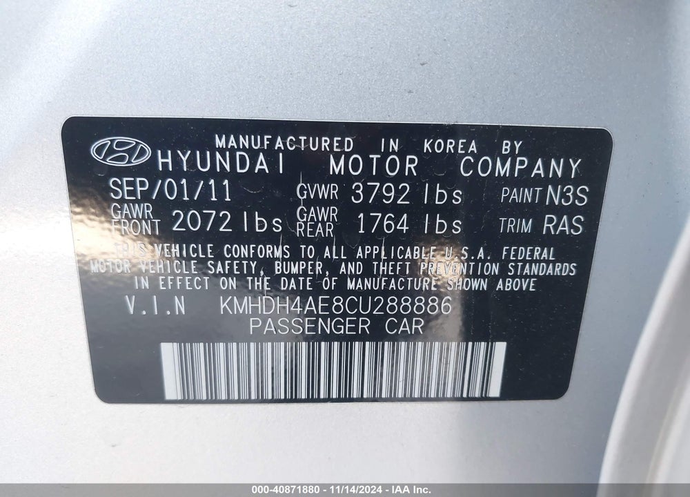 2012 HYUNDAI ELANTRA GLS (ULSAN PLANT) VIN: KMHDH4AE8CU288886