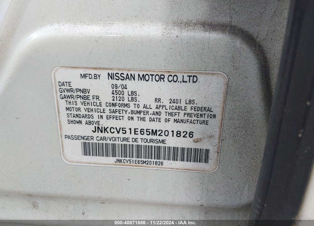 2005 INFINITI G35 VIN: JNKCV51E65M201826