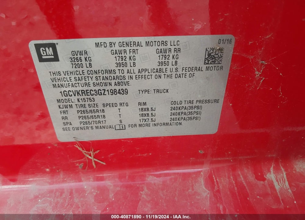 2016 CHEVROLET SILVERADO 1500 1LT VIN: 1GCVKREC3GZ198439