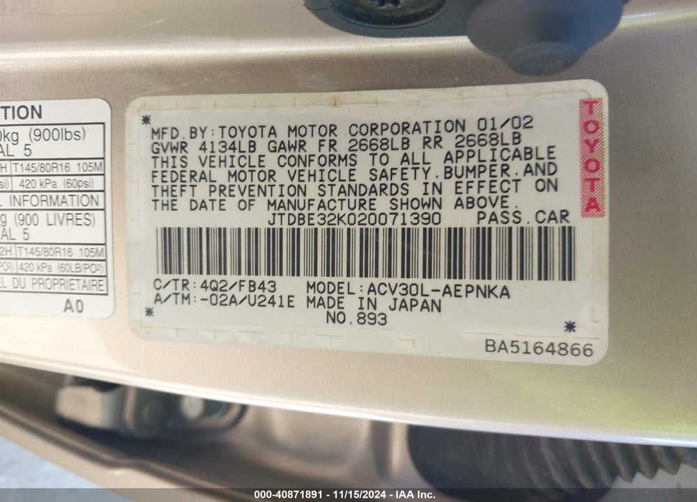2002 TOYOTA CAMRY LE VIN: JTDBE32K020071390