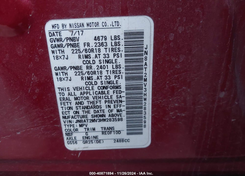 2017 NISSAN ROGUE VIN: JN8AT2MV3HW283598