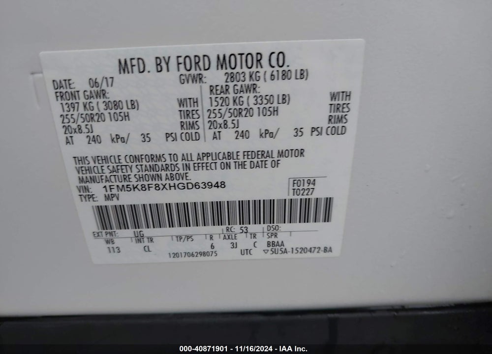 2017 FORD EXPLORER LIMITED VIN: 1FM5K8F8XHGD63948