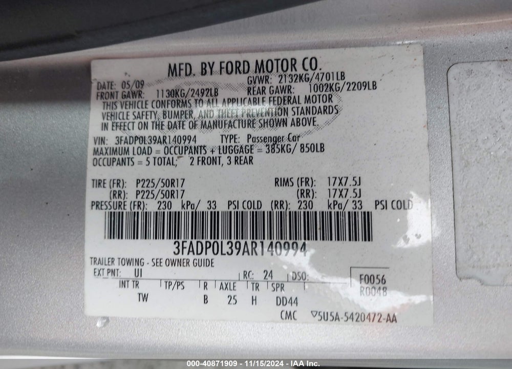 2010 FORD FUSION HYBRID VIN: 3FADP0L39AR140994