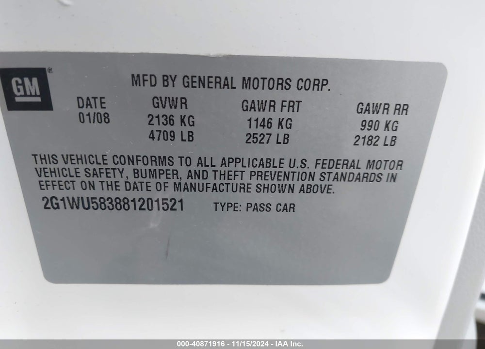 2008 CHEVROLET IMPALA LTZ VIN: 2G1WU583881201521