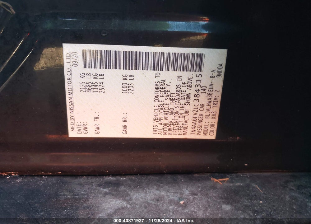 2020 NISSAN MAXIMA PLATINUM XTRONIC CVT VIN: 1N4AA6FV2LC384315