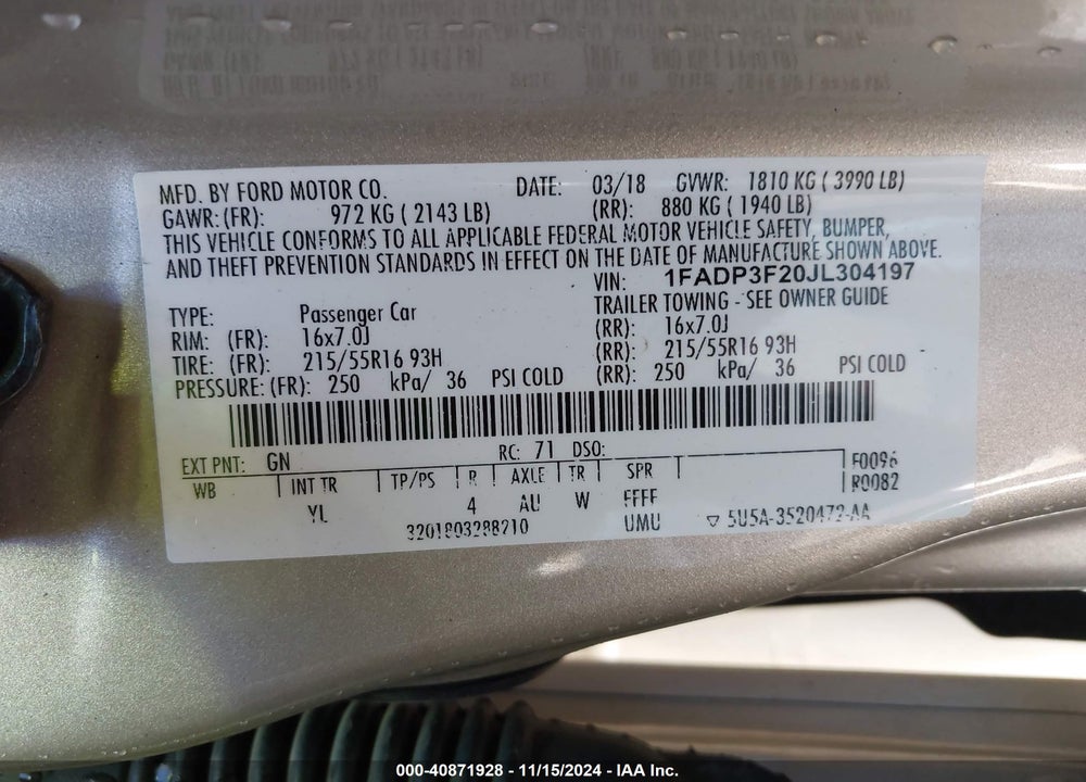 2018 FORD FOCUS SE VIN: 1FADP3F20JL304197