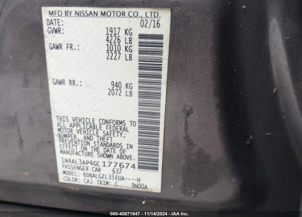 2016 NISSAN ALTIMA 2.5/2.5 S/2.5 SL/2.5 SR/2.5 SV VIN: 1N4AL3AP4GC177674