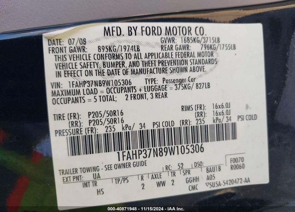 2009 FORD FOCUS SEL VIN: 1FAHP37N89W105306