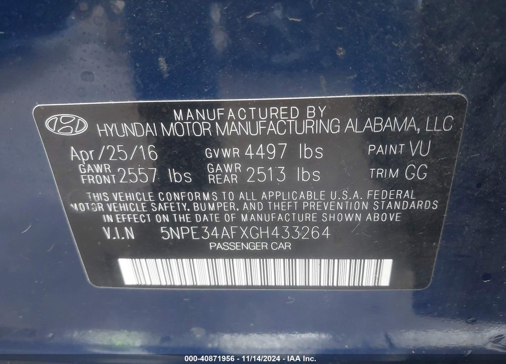 2016 HYUNDAI SONATA SPORT VIN: 5NPE34AFXGH433264