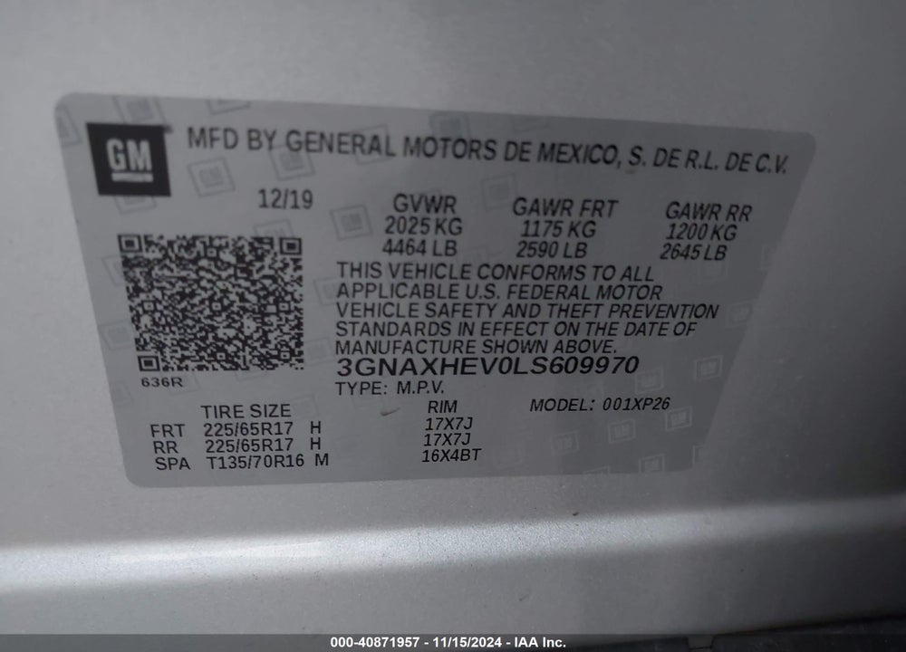 2020 CHEVROLET EQUINOX FWD LS VIN: 3GNAXHEV0LS609970