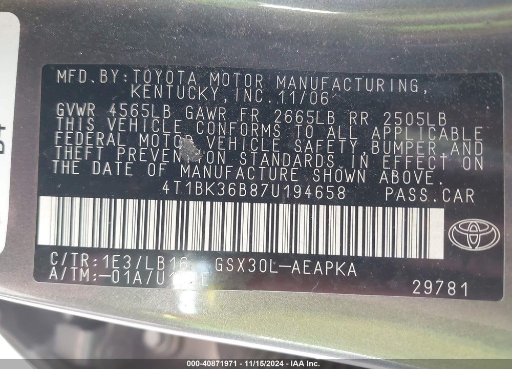 2007 TOYOTA AVALON LIMITED VIN: 4T1BK36B87U194658