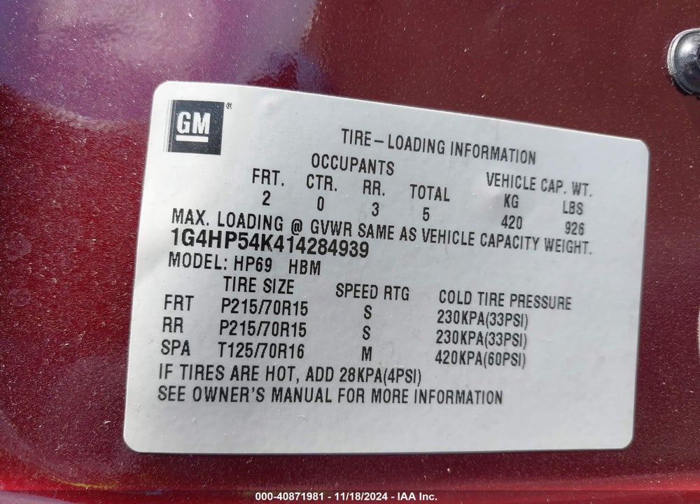 2001 BUICK LESABRE CUSTOM VIN: 1G4HP54K414284939