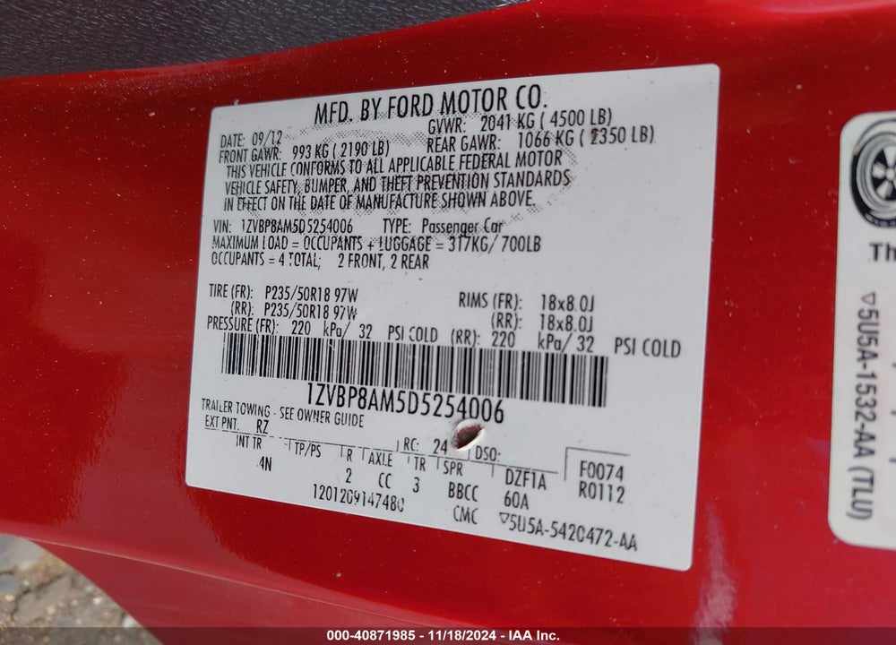 2013 FORD MUSTANG V6 PREMIUM VIN: 1ZVBP8AM5D5254006