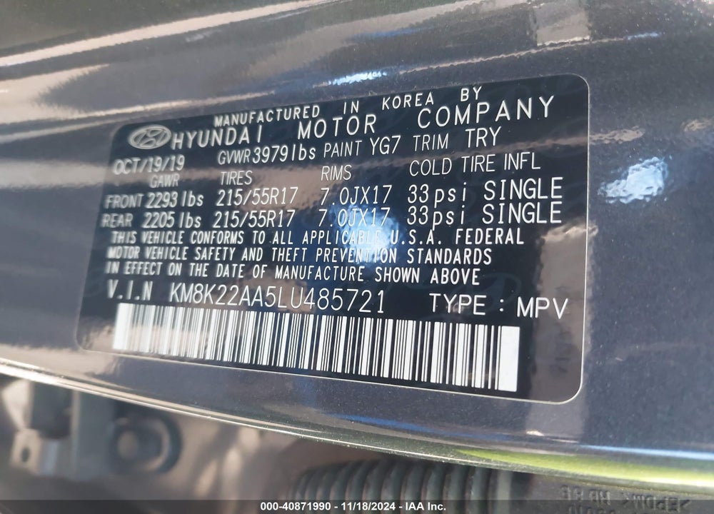 2020 HYUNDAI KONA SEL VIN: KM8K22AA5LU485721