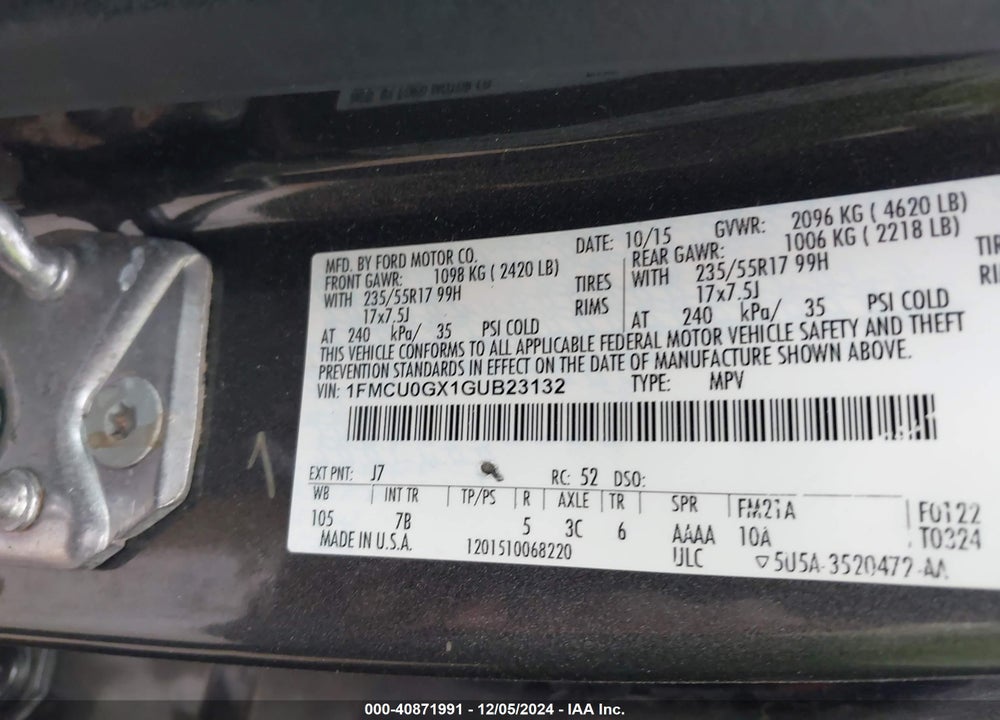 2016 FORD ESCAPE SE VIN: 1FMCU0GX1GUB23132