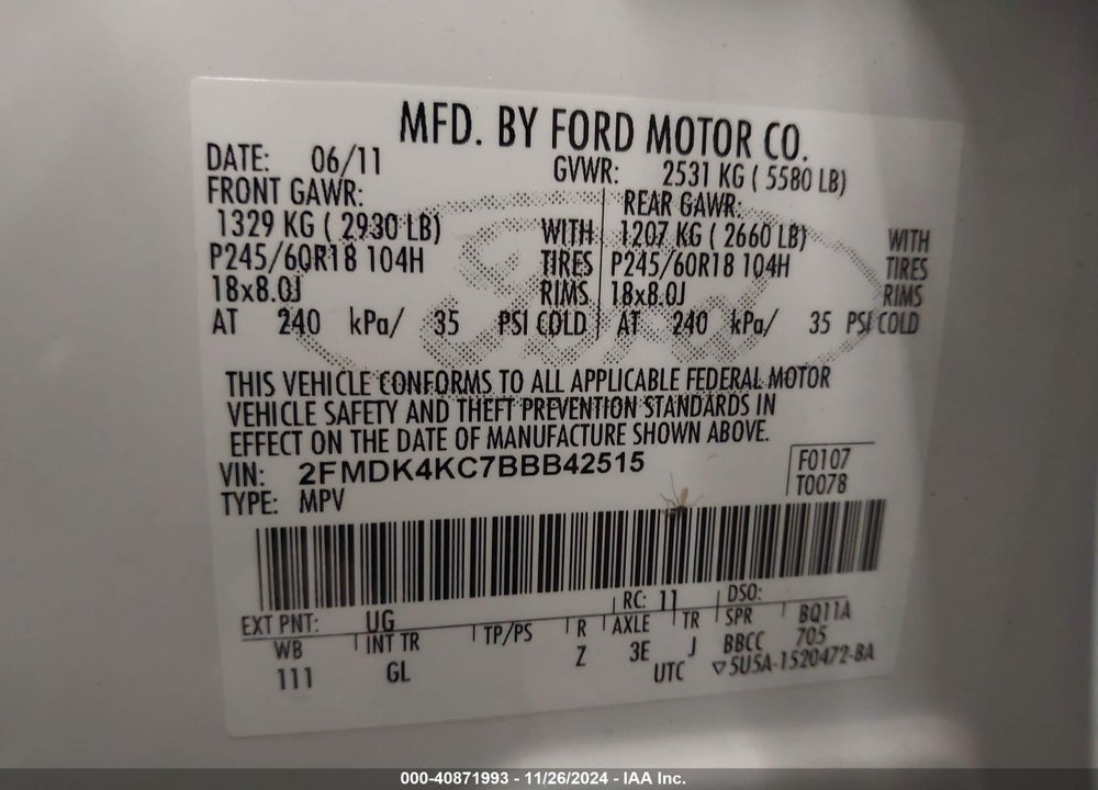 2011 FORD EDGE LIMITED VIN: 2FMDK4KC7BBB42515