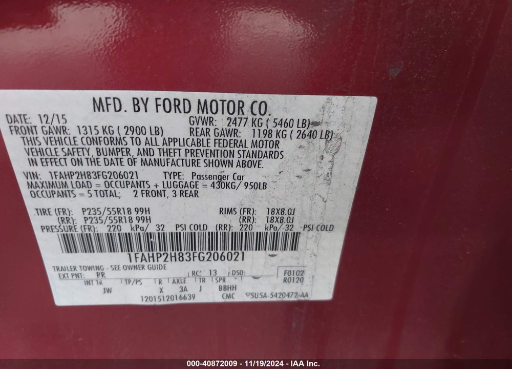 2015 FORD TAURUS SEL VIN: 1FAHP2H83FG206021