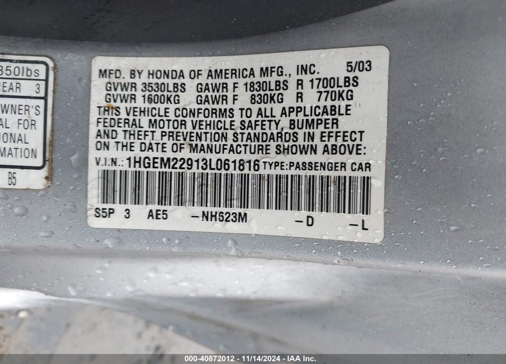 2003 HONDA CIVIC EX VIN: 1HGEM22913L061816
