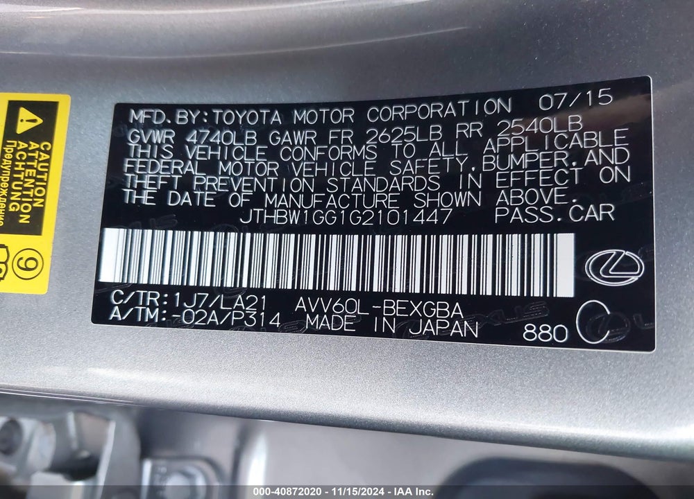 2016 LEXUS ES 300H VIN: JTHBW1GG1G2101447