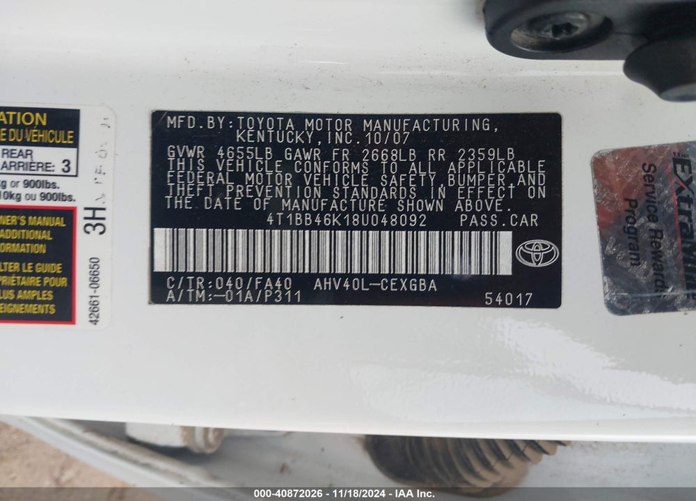 2008 TOYOTA CAMRY HYBRID VIN: 4T1BB46K18U048092