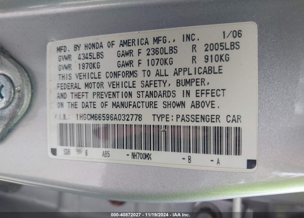 2006 HONDA ACCORD 3.0 EX VIN: 1HGCM66596A032778