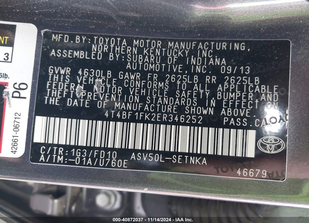 2014 TOYOTA CAMRY LE VIN: 4T4BF1FK2ER346252