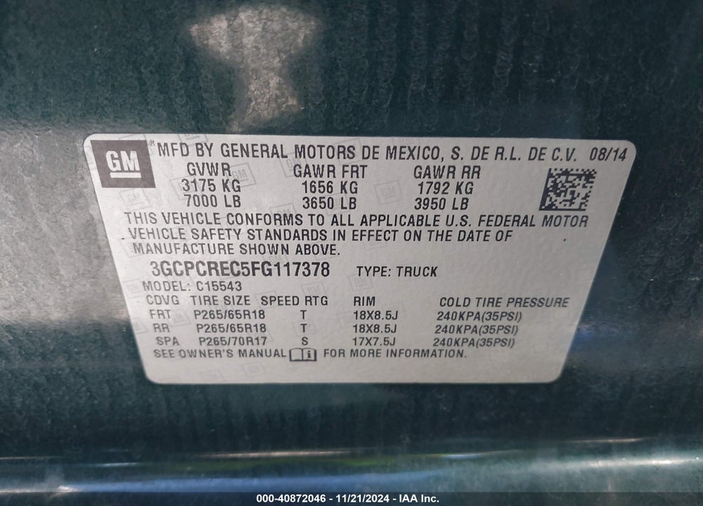 2015 CHEVROLET SILVERADO 1500 VIN: 3GCPCREC5FG117378